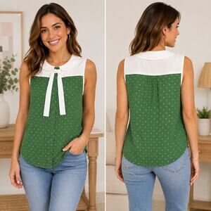 Tulip B Womens Small Green Polka Dot Peter Pan Collar Tie Neck Blouse NWT